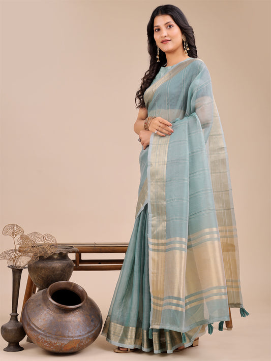 Astita Sea Green Organza Saree with Golden Border – Ethereal Elegance for Every Occasion