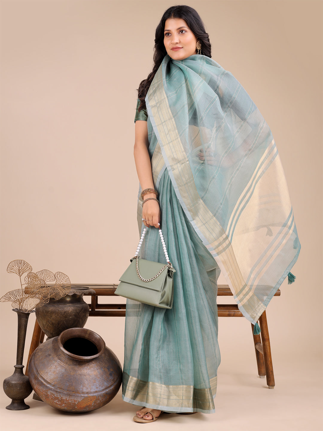 Astita Sea Green Organza Saree with Golden Border – Ethereal Elegance for Every Occasion