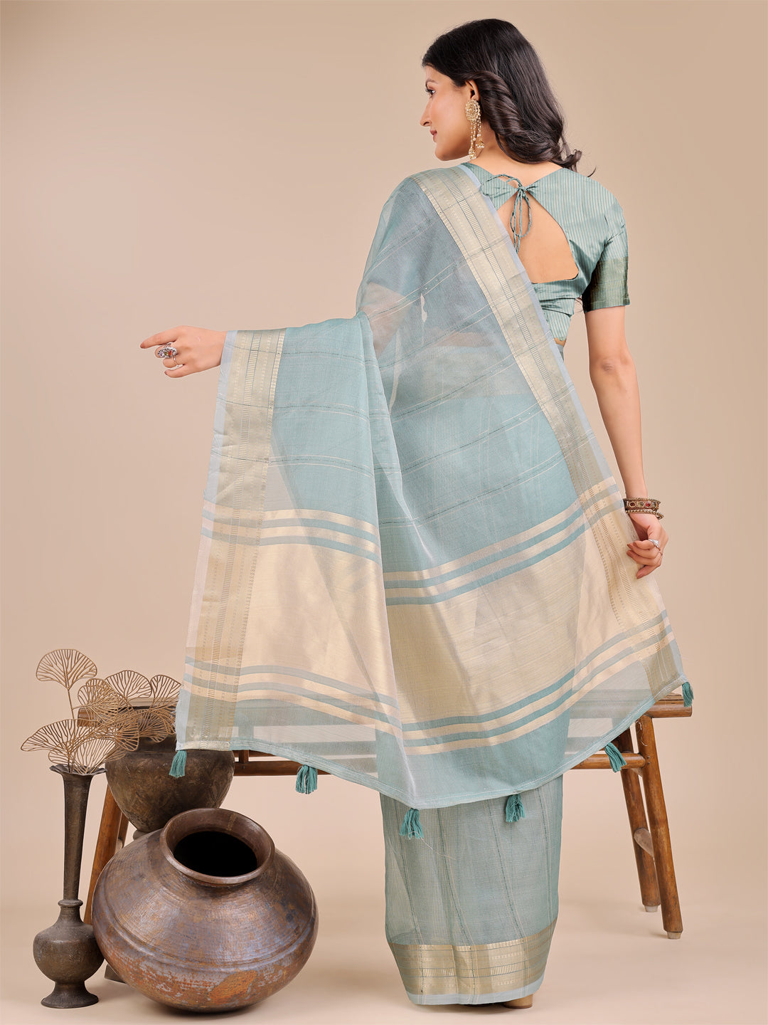 Astita Sea Green Organza Saree with Golden Border – Ethereal Elegance for Every Occasion