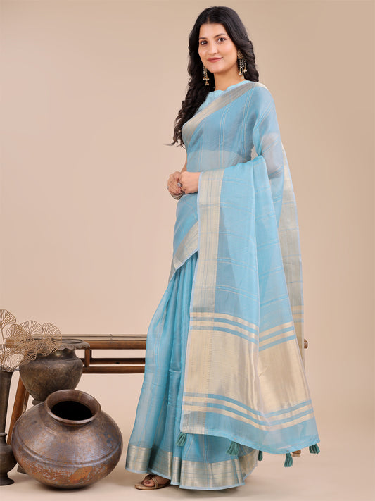 Astita Sky Blue Organza Saree with Golden Border – Ethereal Elegance for Every Occasion
