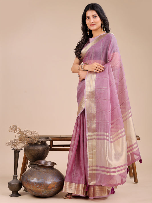 Astita Purple Organza Saree with Golden Border – Ethereal Elegance for Every Occasion