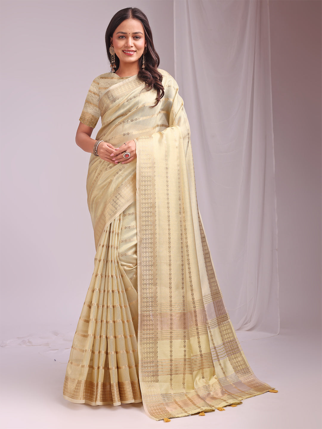 Astita Cream Gold Organza Saree with Subtle Zari Weave | Lightweight Festive Saree for Women | Elegant Traditional Look | Golden Border & Pallu | Perfect for Weddings, Puja & Gifting