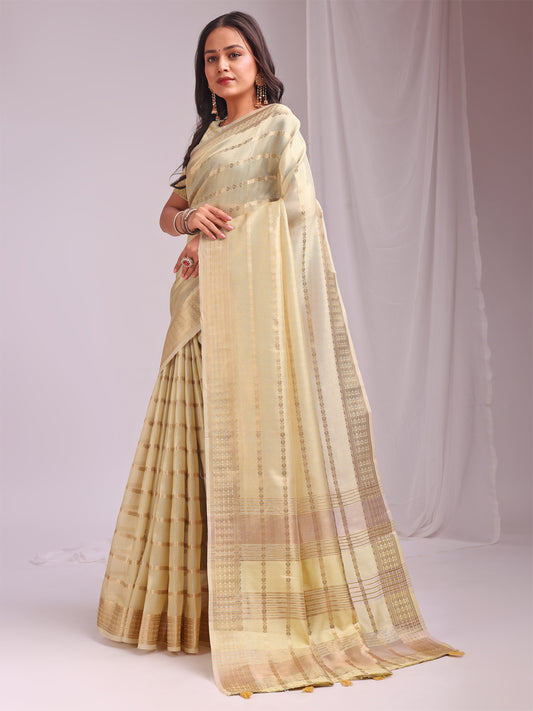 Astita Cream Gold Organza Saree with Subtle Zari Weave | Lightweight Festive Saree for Women | Elegant Traditional Look | Golden Border & Pallu | Perfect for Weddings, Puja & Gifting