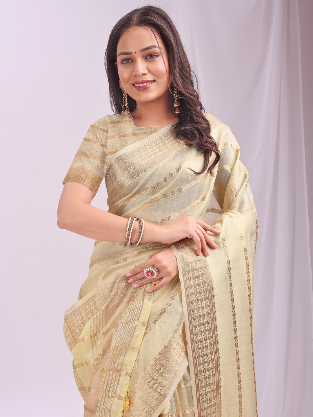 Astita Cream Gold Organza Saree with Subtle Zari Weave | Lightweight Festive Saree for Women | Elegant Traditional Look | Golden Border & Pallu | Perfect for Weddings, Puja & Gifting
