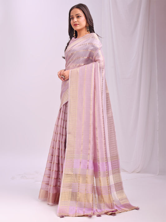 Astita Light Pink Organza Saree with Subtle Zari Weave | Lightweight Festive Saree for Women | Elegant Traditional Look | Golden Border & Pallu | Perfect for Weddings, Puja & Gifting