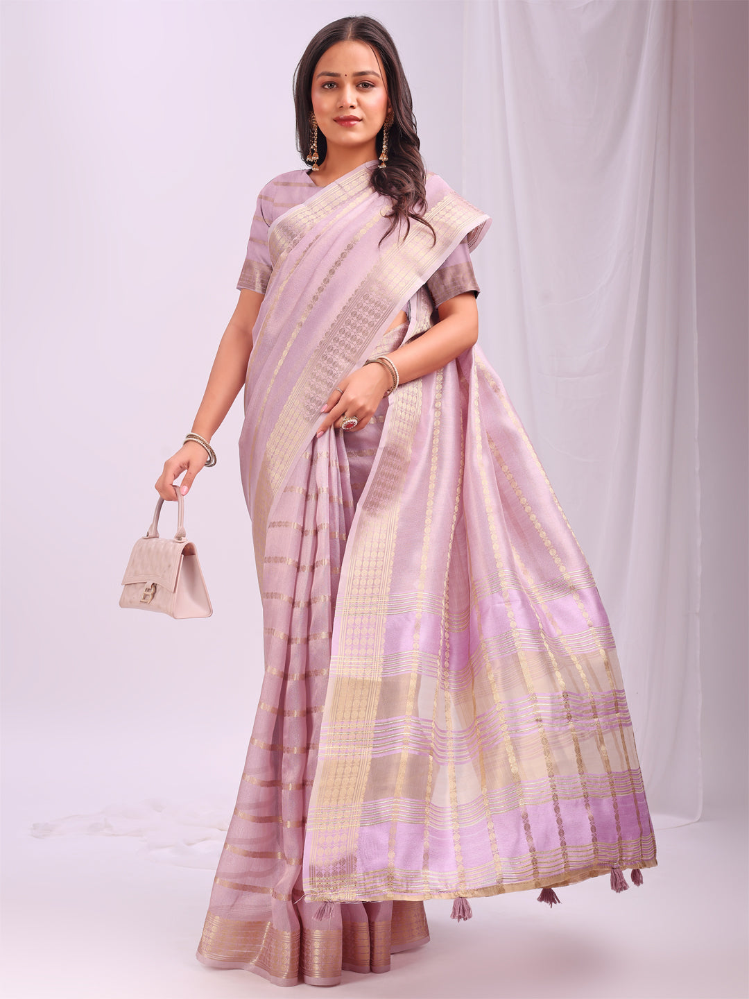 Astita Light Pink Organza Saree with Subtle Zari Weave | Lightweight Festive Saree for Women | Elegant Traditional Look | Golden Border & Pallu | Perfect for Weddings, Puja & Gifting