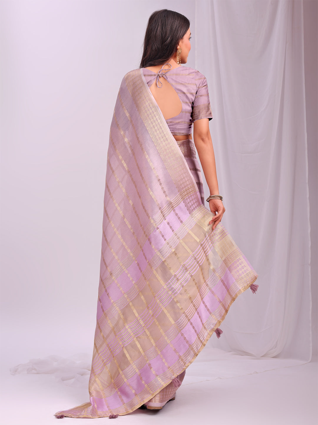 Astita Light Pink Organza Saree with Subtle Zari Weave | Lightweight Festive Saree for Women | Elegant Traditional Look | Golden Border & Pallu | Perfect for Weddings, Puja & Gifting