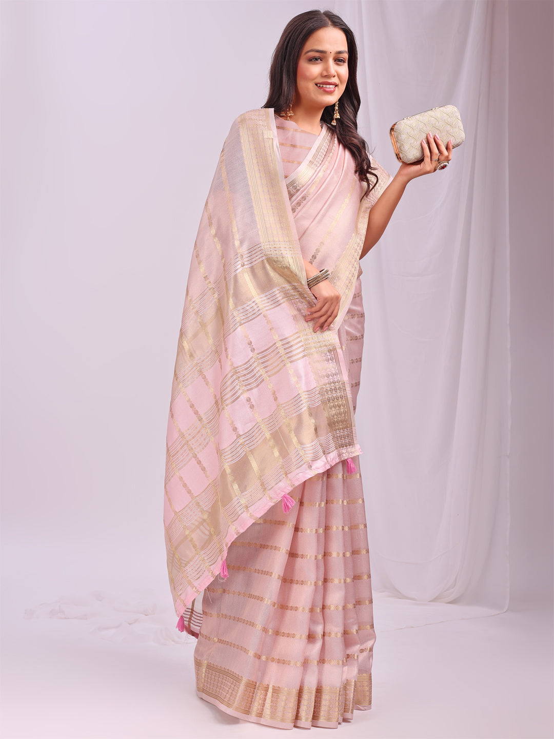 Astita Peach Organza Saree with Subtle Zari Weave | Lightweight Festive Saree for Women | Elegant Traditional Look | Golden Border & Pallu | Perfect for Weddings, Puja & Gifting
