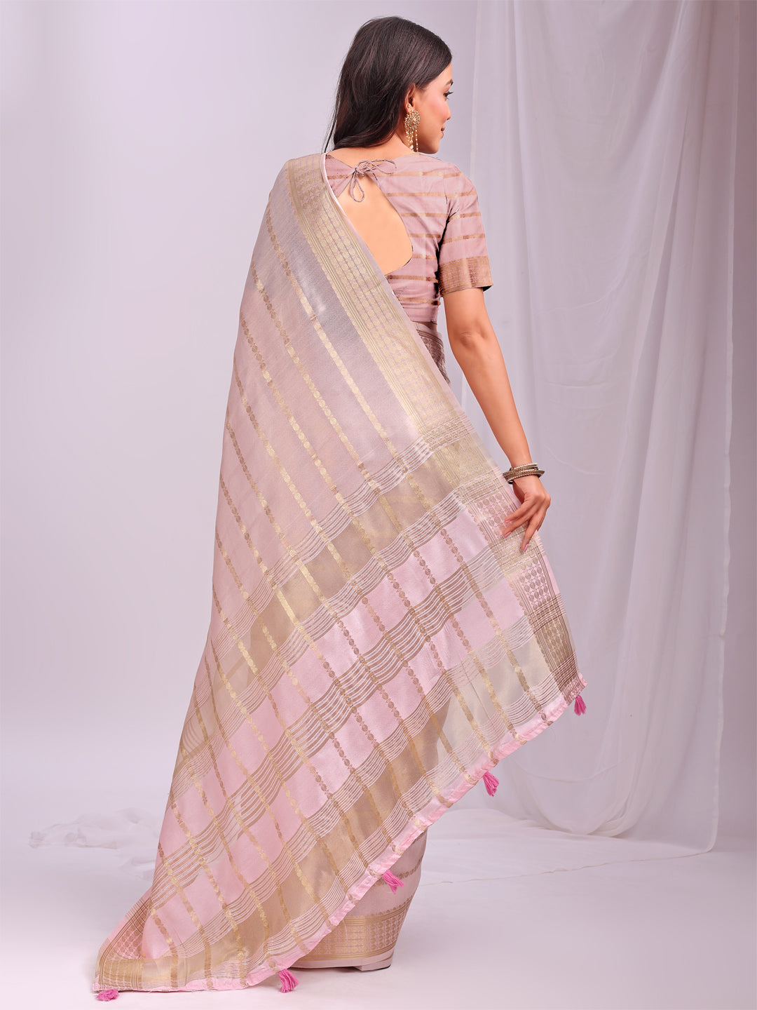Astita Peach Organza Saree with Subtle Zari Weave | Lightweight Festive Saree for Women | Elegant Traditional Look | Golden Border & Pallu | Perfect for Weddings, Puja & Gifting