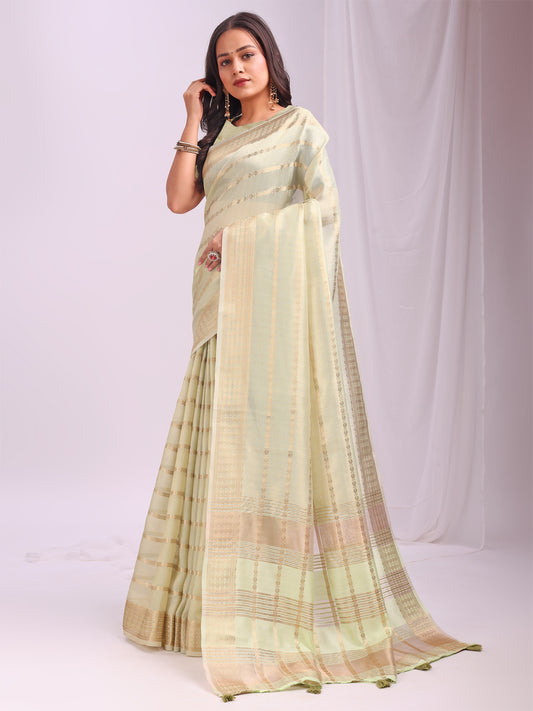Astita Light Green Organza Saree with Subtle Zari Weave | Lightweight Festive Saree for Women | Elegant Traditional Look | Golden Border & Pallu | Perfect for Weddings, Puja & Gifting