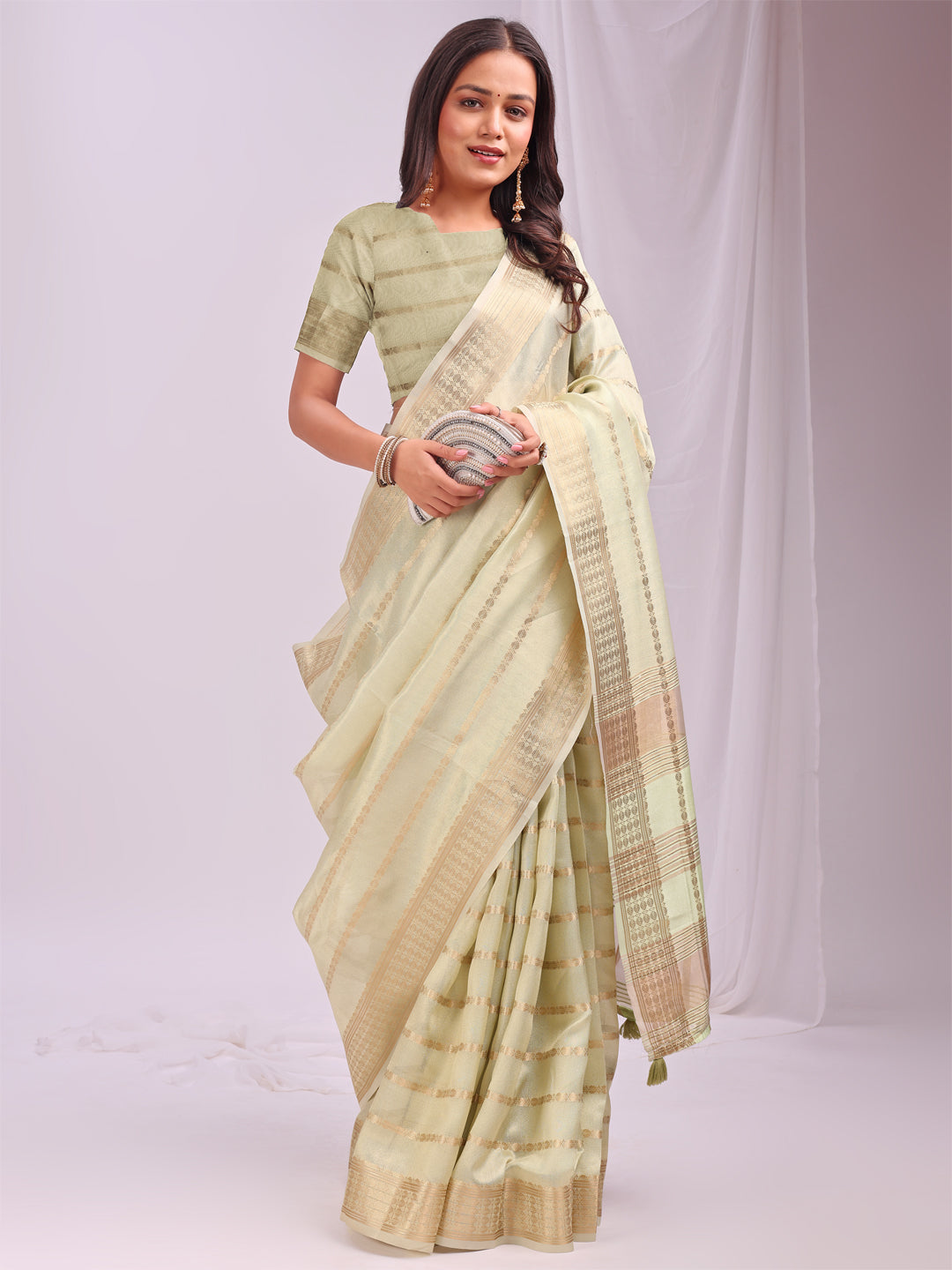 Astita Light Green Organza Saree with Subtle Zari Weave | Lightweight Festive Saree for Women | Elegant Traditional Look | Golden Border & Pallu | Perfect for Weddings, Puja & Gifting