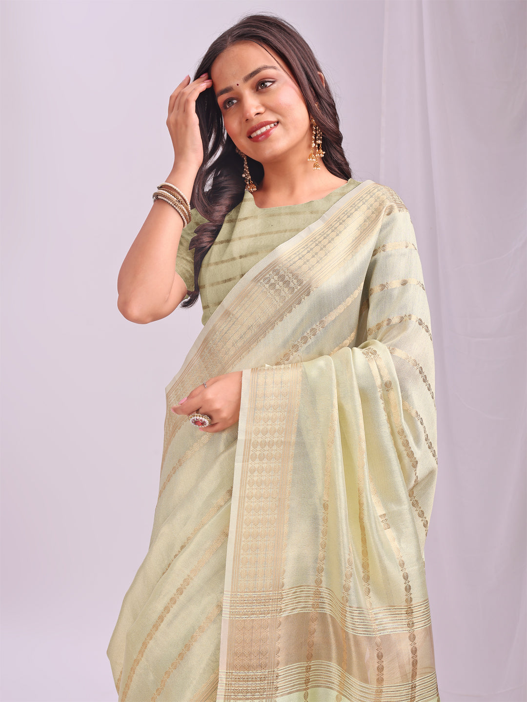 Astita Light Green Organza Saree with Subtle Zari Weave | Lightweight Festive Saree for Women | Elegant Traditional Look | Golden Border & Pallu | Perfect for Weddings, Puja & Gifting