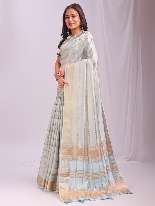 Astita Sky Blue Organza Saree with Subtle Zari Weave | Lightweight Festive Saree for Women | Elegant Traditional Look | Golden Border & Pallu | Perfect for Weddings, Puja & Gifting