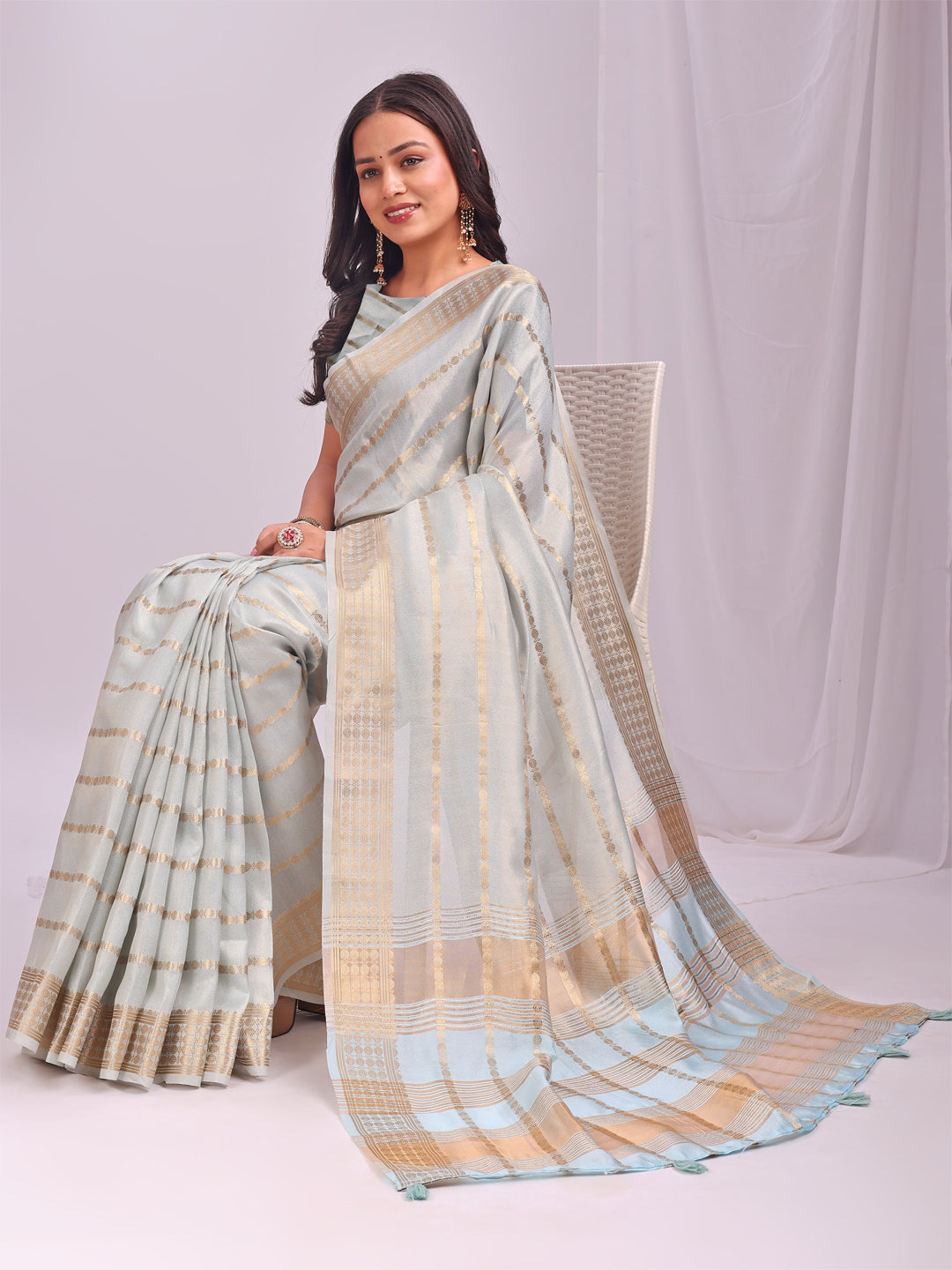 Astita Sky Blue Organza Saree with Subtle Zari Weave | Lightweight Festive Saree for Women | Elegant Traditional Look | Golden Border & Pallu | Perfect for Weddings, Puja & Gifting
