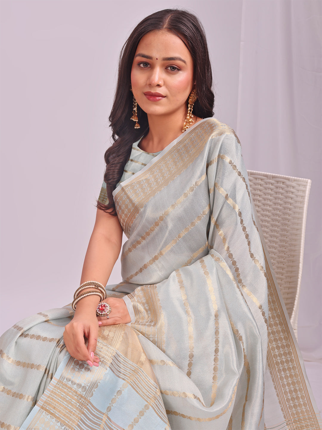 Astita Sky Blue Organza Saree with Subtle Zari Weave | Lightweight Festive Saree for Women | Elegant Traditional Look | Golden Border & Pallu | Perfect for Weddings, Puja & Gifting