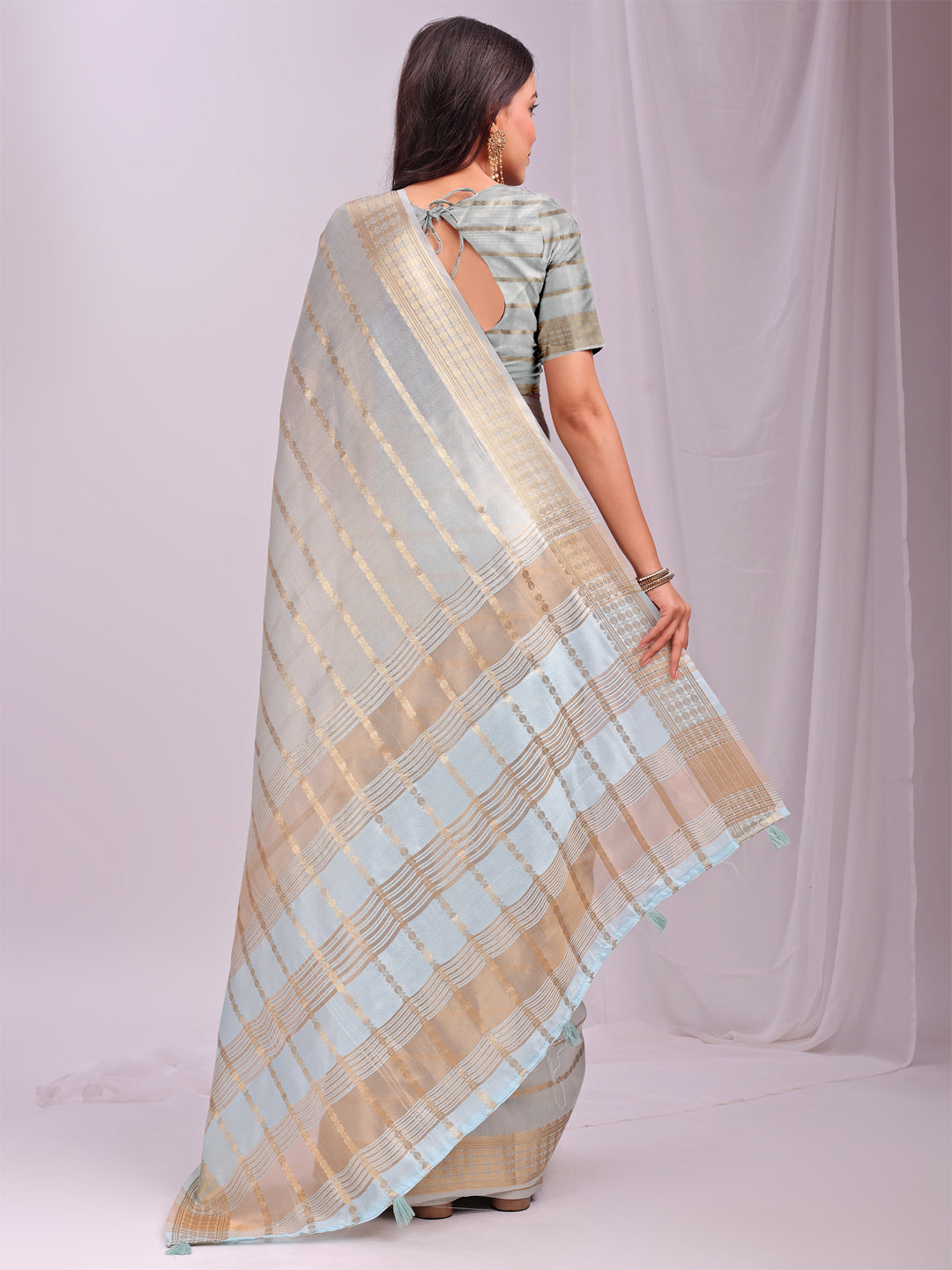 Astita Sky Blue Organza Saree with Subtle Zari Weave | Lightweight Festive Saree for Women | Elegant Traditional Look | Golden Border & Pallu | Perfect for Weddings, Puja & Gifting