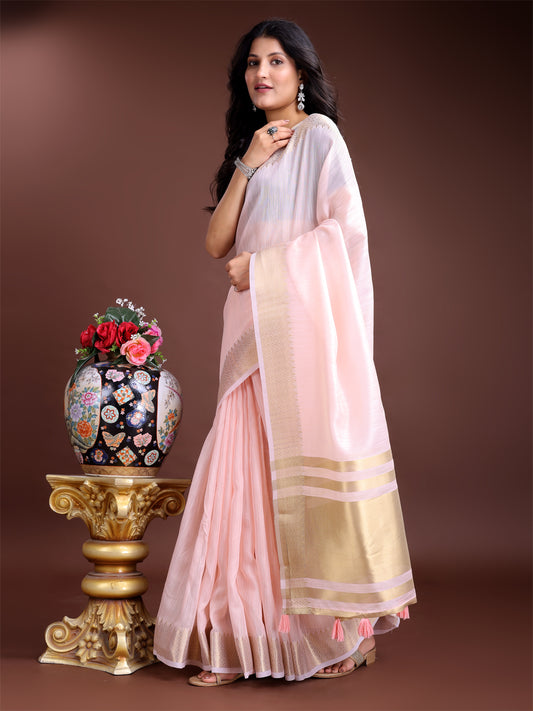 Astita Elegant Light Pink Woven Linen Saree with Contrast Zari Border & Tassels – Soft & Breathable Party Wear