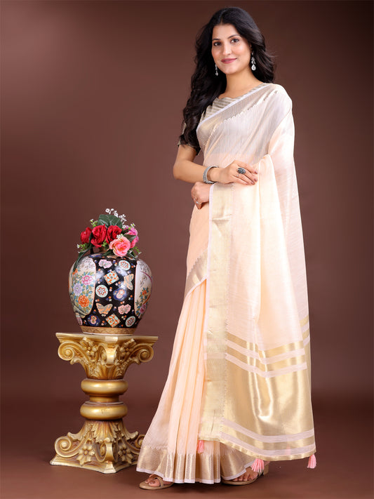 Astita Elegant Peach Woven Linen Saree with Contrast Zari Border & Tassels – Soft & Breathable Party Wear