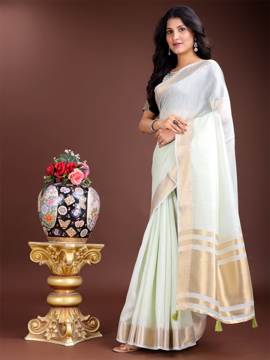 Astita Elegant Light Green Woven Linen Saree with Contrast Zari Border & Tassels – Soft & Breathable Party Wear