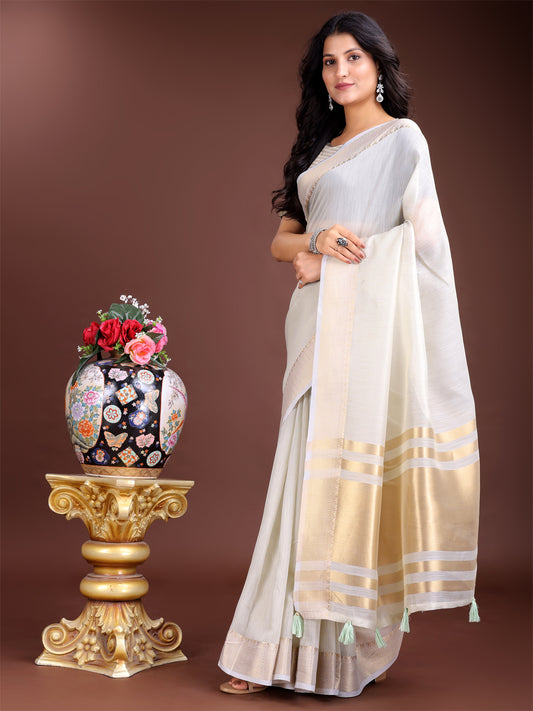 Astita Elegant Grey Woven Linen Saree with Contrast Zari Border & Tassels – Soft & Breathable Party Wear