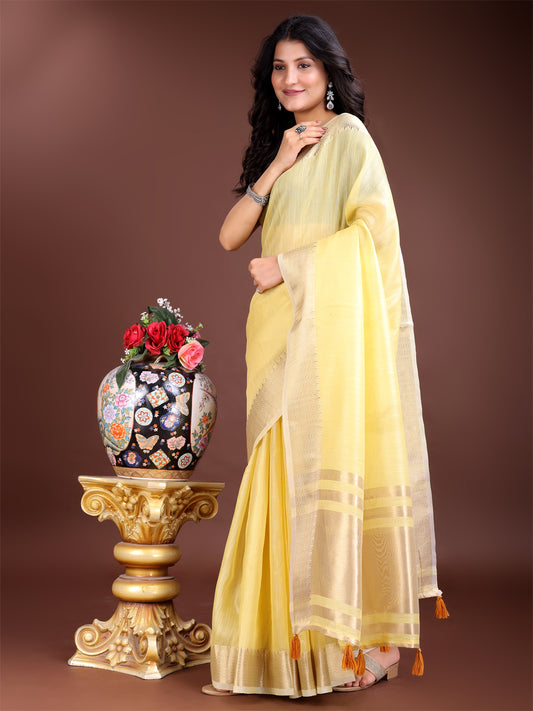 Astita Elegant Yellow Woven Linen Saree with Contrast Zari Border & Tassels – Soft & Breathable Party Wear