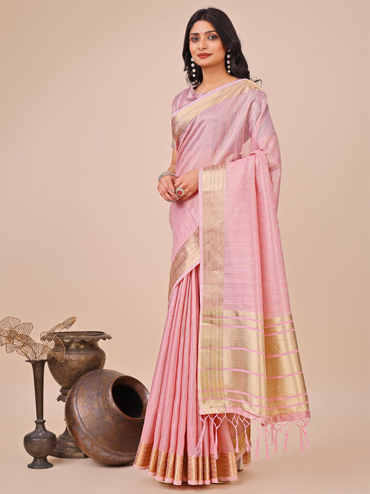 Astita Elegant Peach Organza Saree with Zari Border & Tassel Pallu – Lightweight Ethnic Wear for Festive & Wedding Occasions