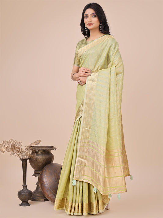 Astita Elegant Yellow Organza Saree with Zari Border & Tassel Pallu – Lightweight Ethnic Wear for Festive & Wedding Occasions