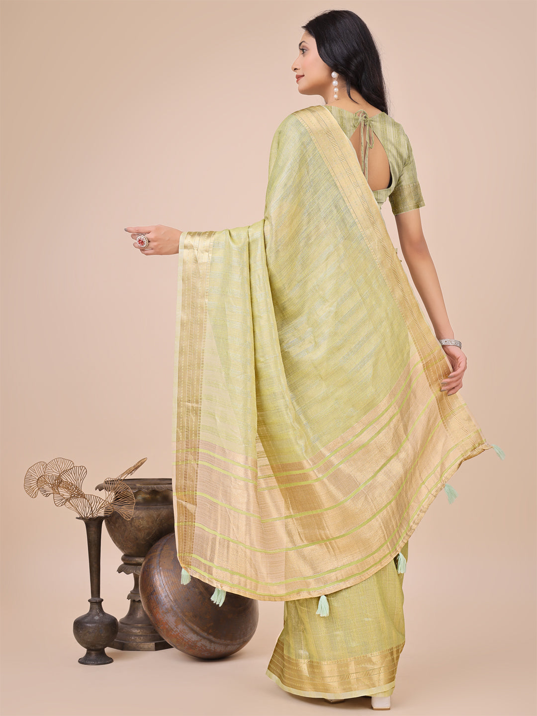 Astita Elegant Yellow Organza Saree with Zari Border & Tassel Pallu – Lightweight Ethnic Wear for Festive & Wedding Occasions