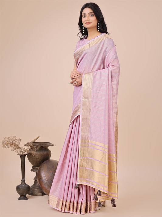 Astita Elegant Light Pink Organza Saree with Zari Border & Tassel Pallu – Lightweight Ethnic Wear for Festive & Wedding Occasions