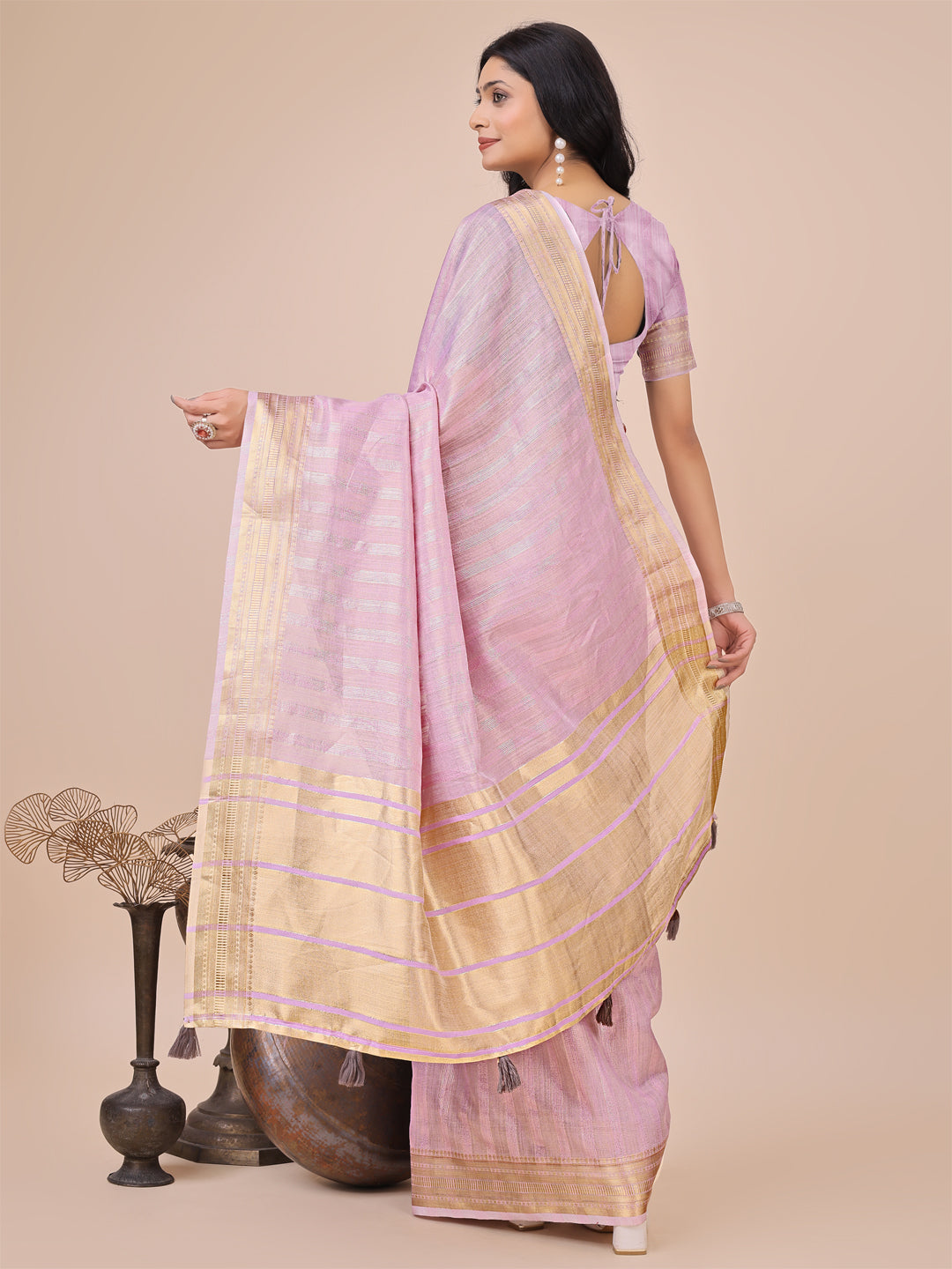 Astita Elegant Light Pink Organza Saree with Zari Border & Tassel Pallu – Lightweight Ethnic Wear for Festive & Wedding Occasions