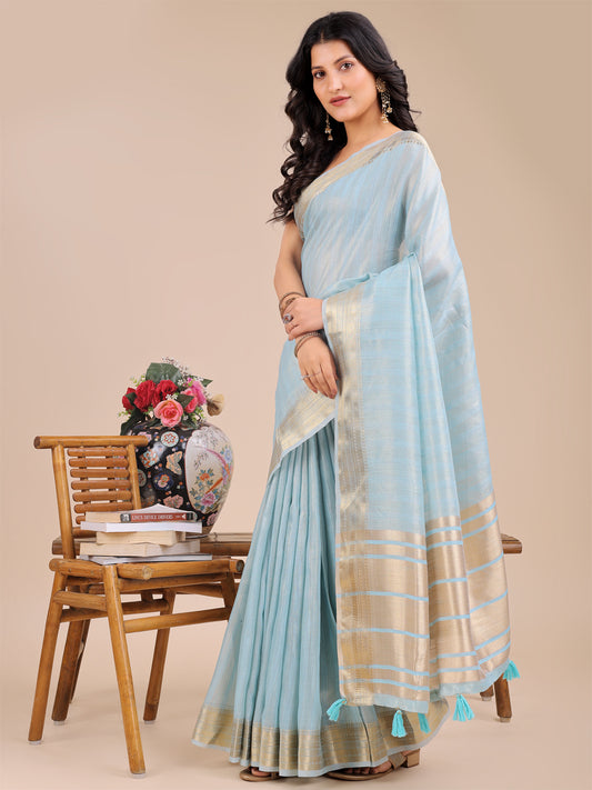 Astita Elegant Sky Blue Organza Saree with Zari Border & Tassel Pallu – Lightweight Ethnic Wear for Festive & Wedding Occasions