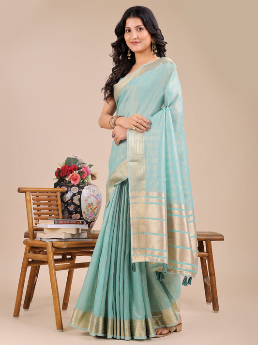 Astita Elegant Sea Green Organza Saree with Zari Border & Tassel Pallu – Lightweight Ethnic Wear for Festive & Wedding Occasions