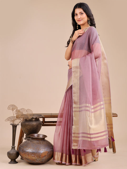 Astita Elegant Purple Organza Saree for Women – Lightweight Saree with Silver Zari Border & Blouse Piece