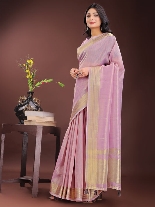 Astita Elegant Purple Organza Saree with Golden Zari Border – Festive & Office Wear Saree with Blouse Piece