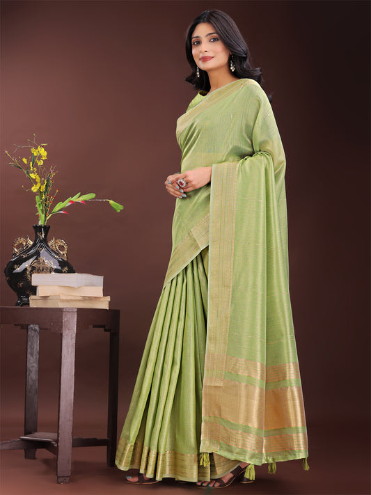 Astita Elegant Light Green Organza Saree with Golden Zari Border – Festive & Office Wear Saree with Blouse Piece