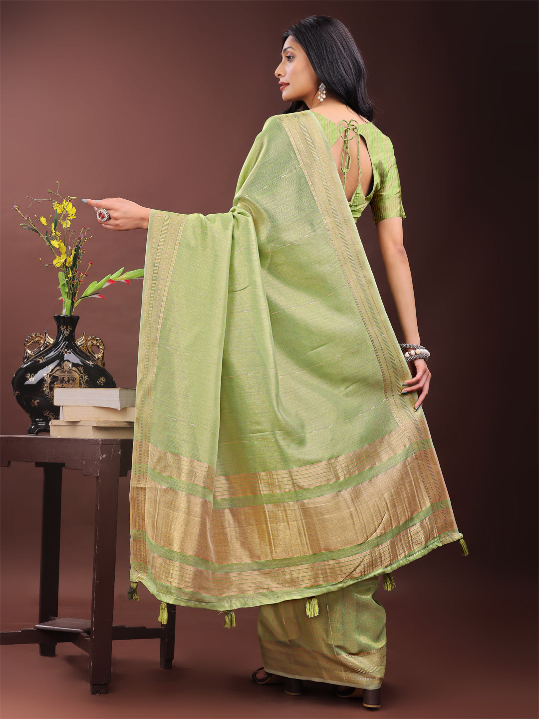 Astita Elegant Light Green Organza Saree with Golden Zari Border – Festive & Office Wear Saree with Blouse Piece