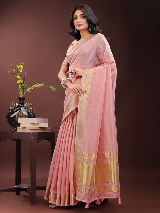 Astita Elegant Light Pink Organza Saree with Golden Zari Border – Festive & Office Wear Saree with Blouse Piece