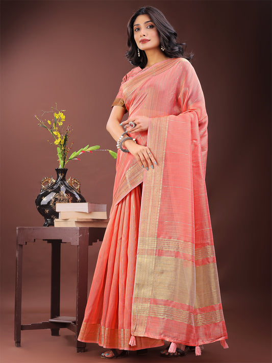 Astita Elegant Peach Organza Saree with Golden Zari Border – Festive & Office Wear Saree with Blouse Piece