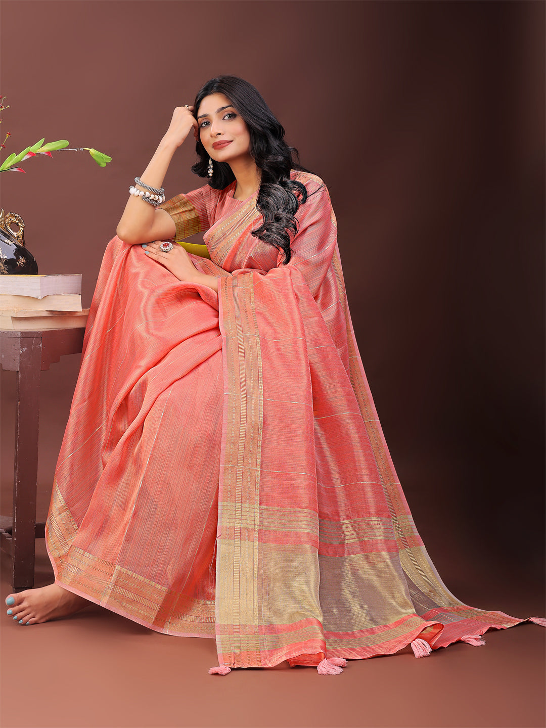 Astita Elegant Peach Organza Saree with Golden Zari Border – Festive & Office Wear Saree with Blouse Piece