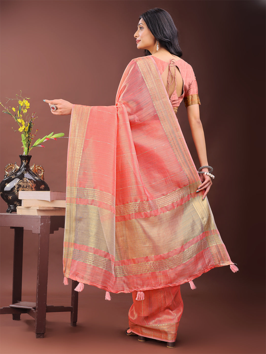 Astita Elegant Peach Organza Saree with Golden Zari Border – Festive & Office Wear Saree with Blouse Piece