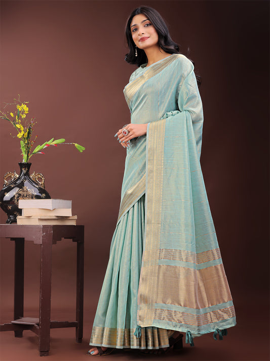 Astita Elegant Olive Green Organza Saree with Golden Zari Border – Festive & Office Wear Saree with Blouse Piece