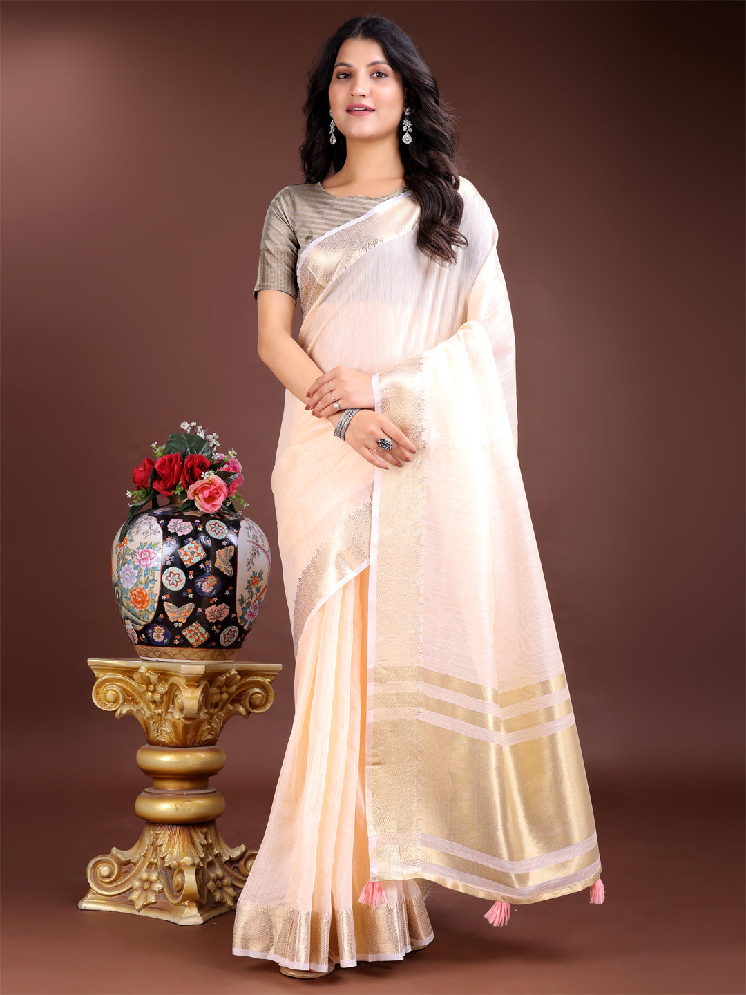 Astita Peach Gold Cotton Ready-to-Wear Saree – Simplicity Meets Effortless Grace