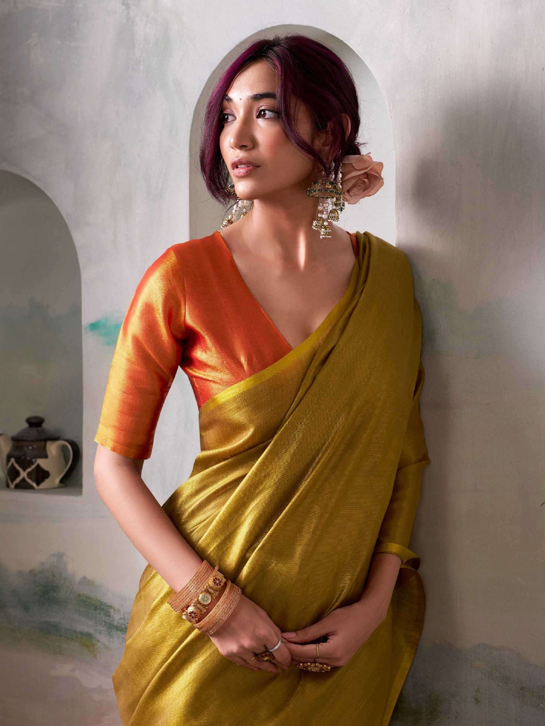 Astita Mustard Tissue Silk Saree with Deep Orange Border – Classic Ethnic Grace