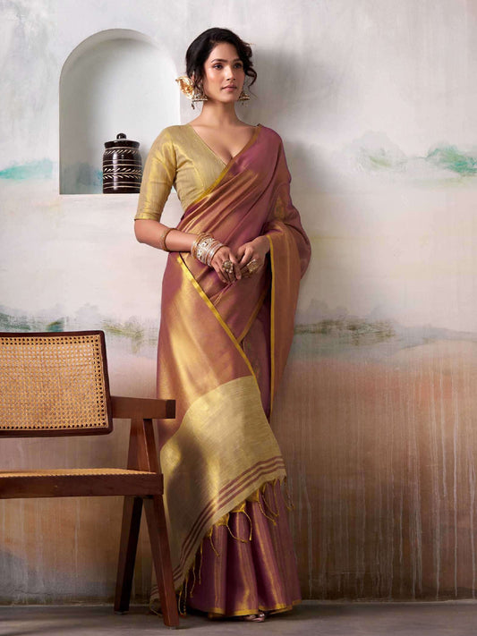 Astita Pruple Tissue Silk Saree with Deep Cream Border – Classic Ethnic Grace