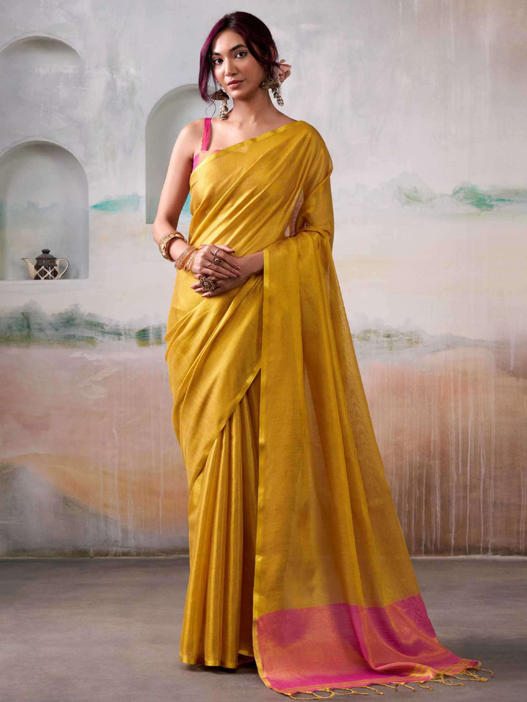 Astita Yellow Tissue Silk Saree with Deep Pink Border – Classic Ethnic Grace