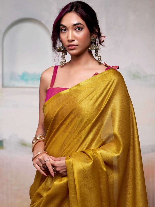 Astita Yellow Tissue Silk Saree with Deep Pink Border – Classic Ethnic Grace