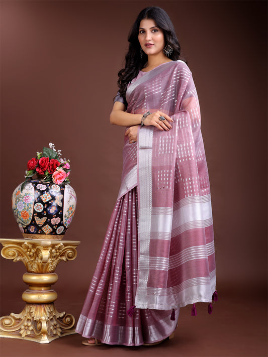 Astita Mauve Organza Saree with Silver Zari Border & Pallu Tassels – Elegant Traditional Saree for Women