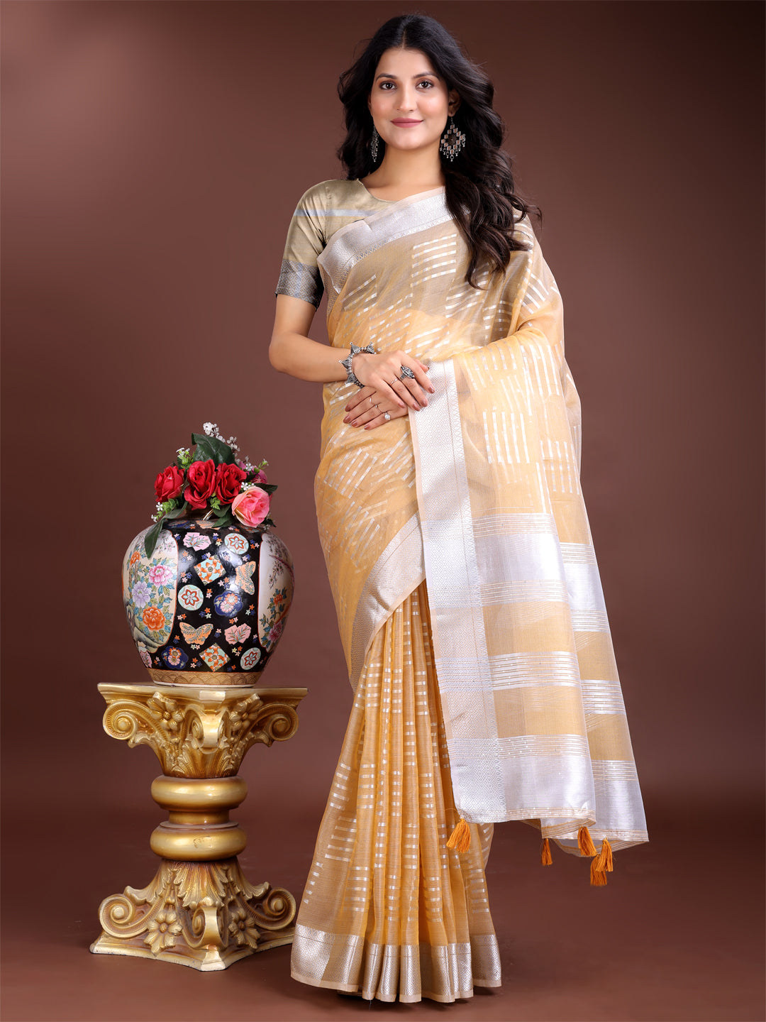 Astita Yellow Organza Saree with Silver Zari Border & Pallu Tassels – Elegant Traditional Saree for Women