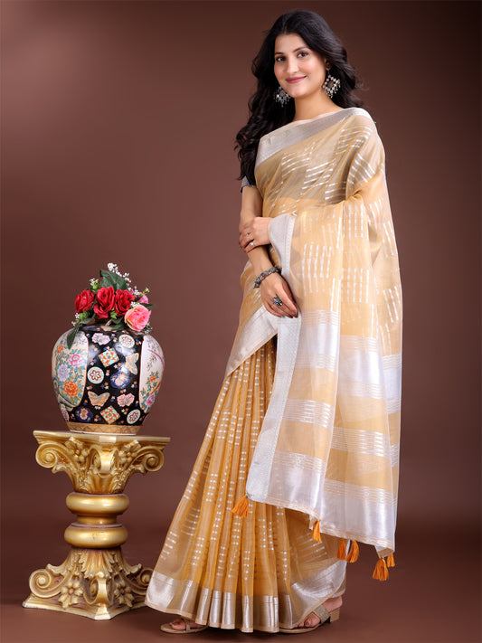 Astita Yellow Organza Saree with Silver Zari Border & Pallu Tassels – Elegant Traditional Saree for Women