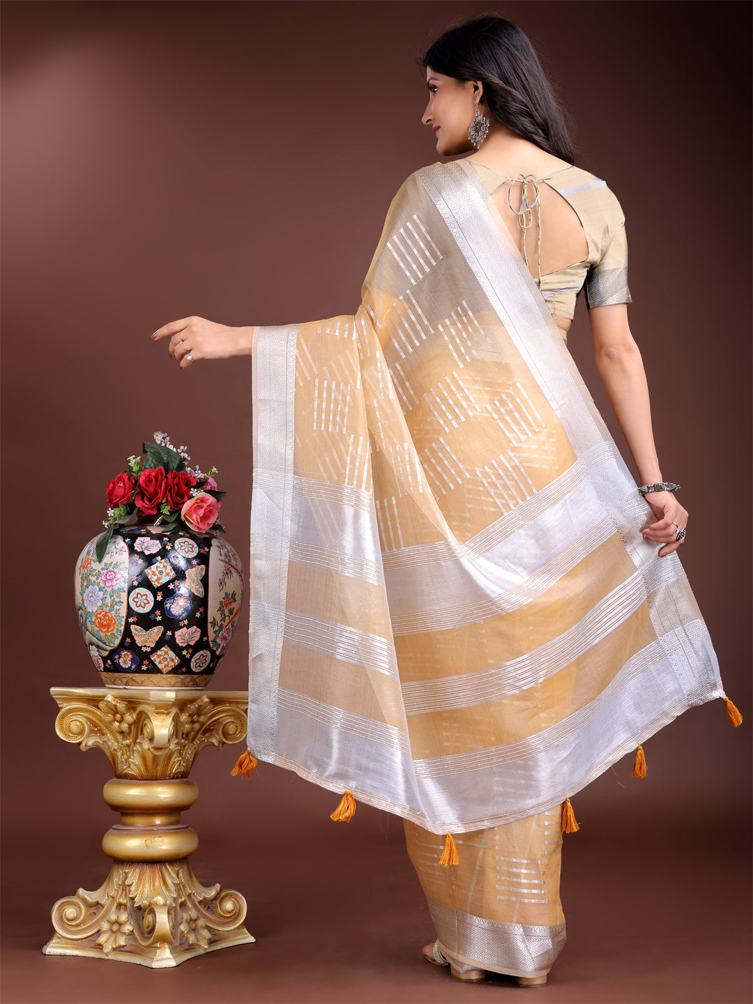 Astita Yellow Organza Saree with Silver Zari Border & Pallu Tassels – Elegant Traditional Saree for Women
